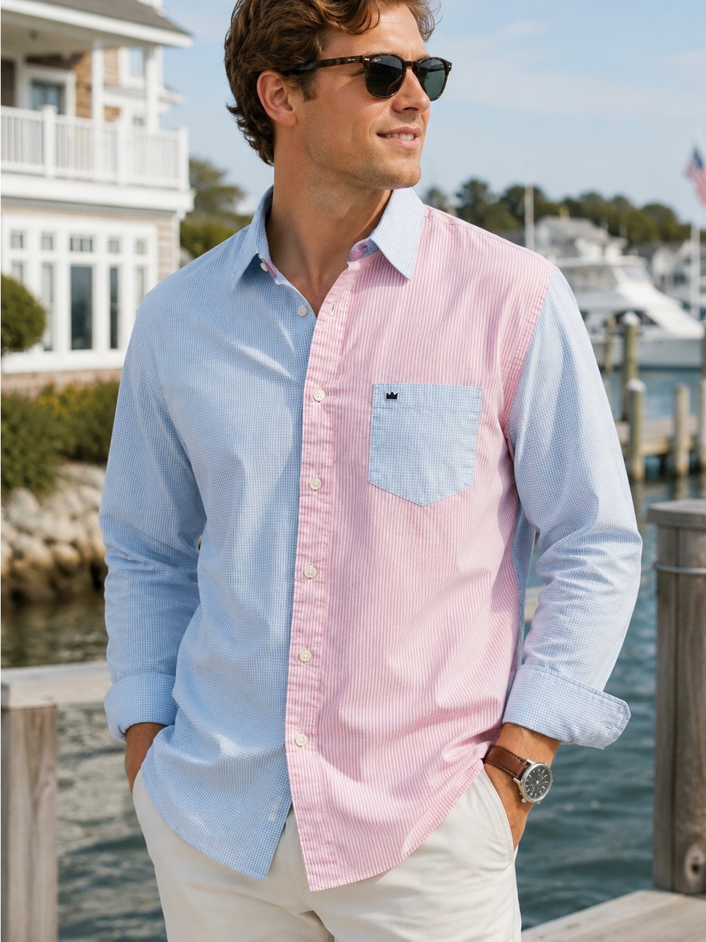 Crown & Ivy Men’s L Classic Fit Pink Blue Colorblock Button Down Shirt Preppy